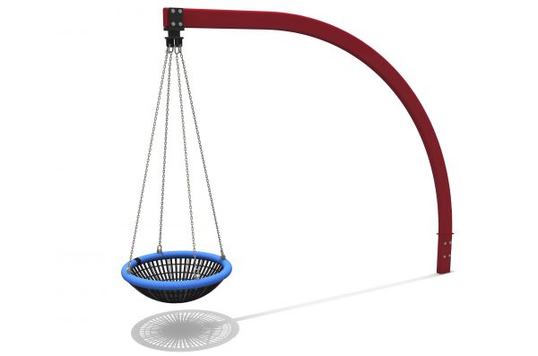 Cantilever Swing, single dark red arched beam holds a blue and black nest seat hung by chains