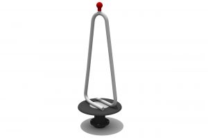 the cherry twist spinner has a flat rubber disc with a silver A-frame and a red red cherry handle on top