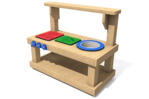 A timber children's outdoor play kitchen with red play hob, green chopping board and silver washing up bowl with blue rim