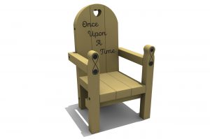 a timber constructed chair with engraved once upon a time in the chair back and engravings on the front legs