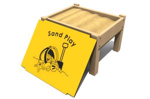 A timber constructed table which contains sand, complete with yellow lid with sand play engraved into it