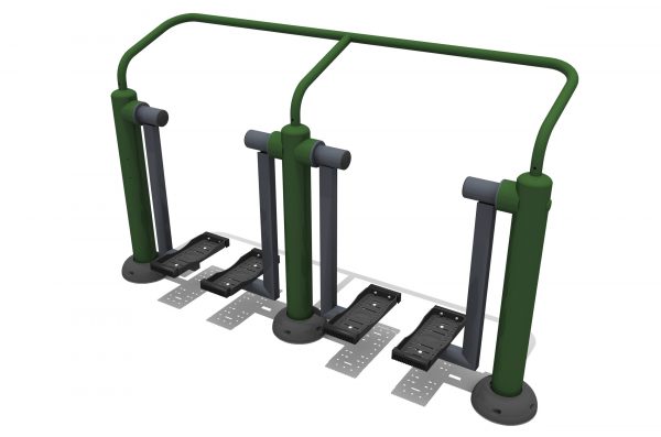 A Steel frame complete with hand rail, two pairs of grey foot plates hang down