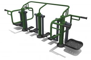 steel frame with two central health walkers with are grey vertical arms hanging down with black foot plates, an air skier at either end which is a single grey vertical leg hanging down to a large black double footplate