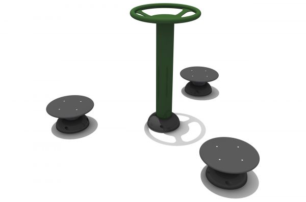 A central green pole with top handles is surrounded by 3 circular discs