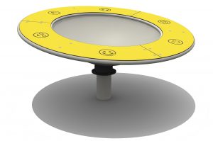 a large bowl with yellow outer and emoji faces on them all sit above a central pedestal