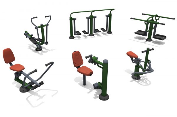 the Primary School Outdoor Fitness Package shows 6 outdoor fitness equipment items on a white background. Each item if a mixer of green and grey in colour