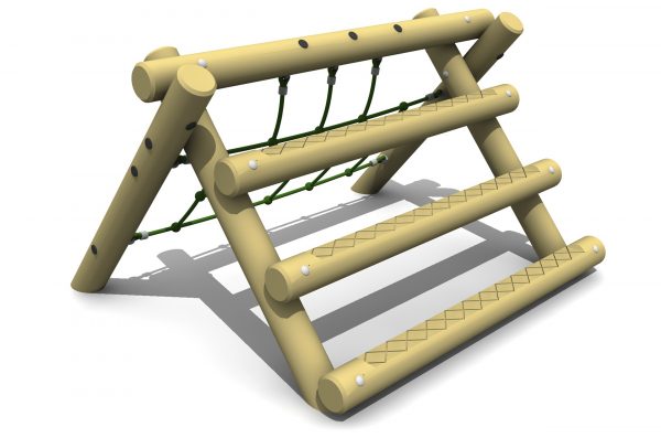 the A Frame Mini is a timber a frame with horizontal logs on the right and a green net on the left side