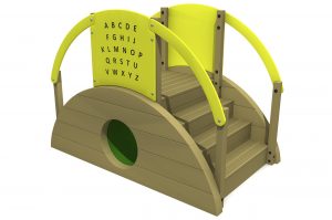 The sleeper tunnel with steps has a central green tunnel with steps to the right and a yellow alphabet play panel at the top complete with yellow hand rails