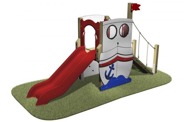 The Boat Slide is has a red slide, boat themed with portholes, flag and sloping ramp
