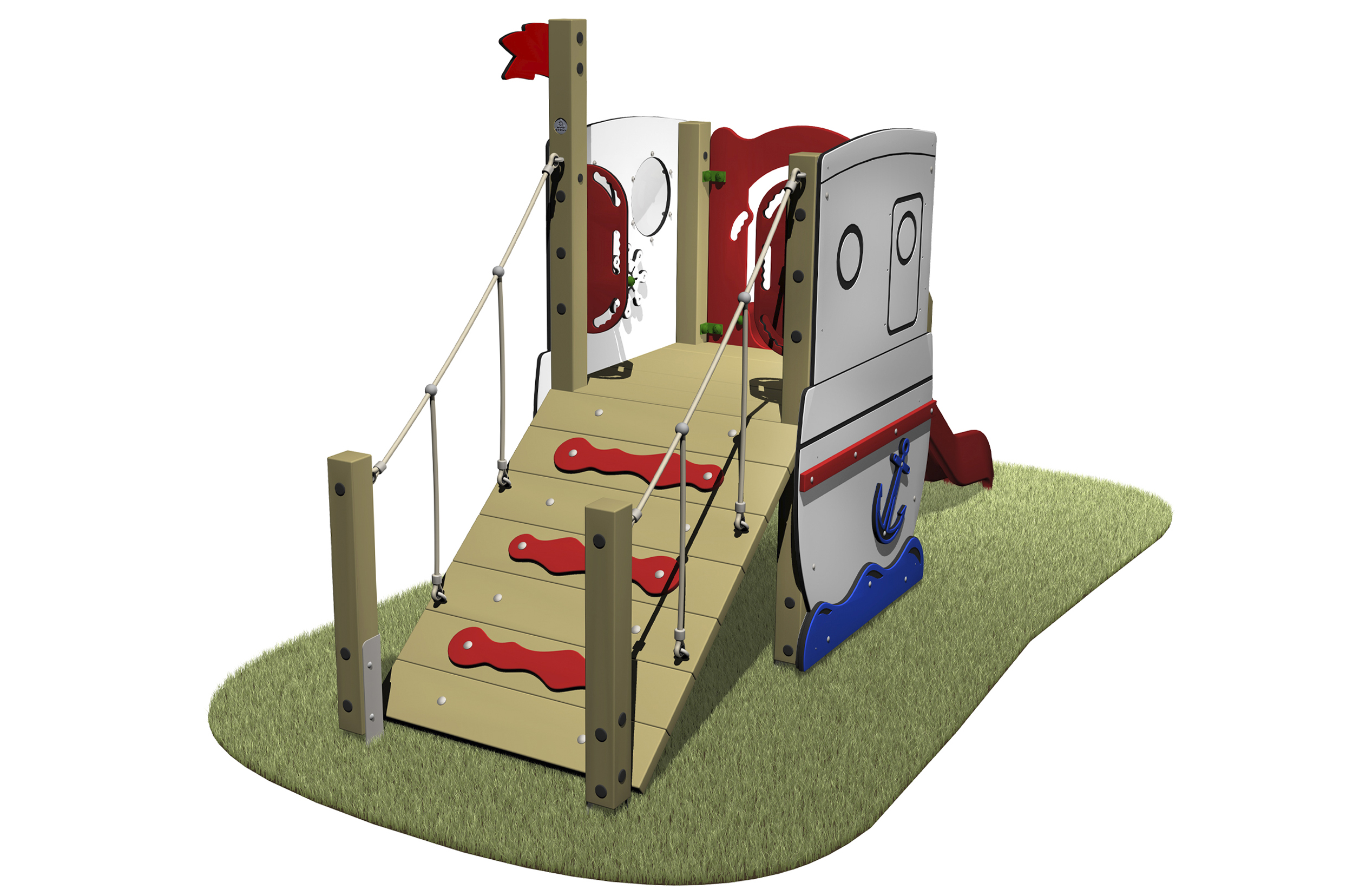The Boat Slide is has a red slide, boat themed with portholes, flag and sloping ramp