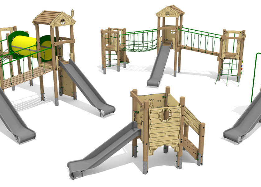 Timber Tower Climbers. Four individual multiplay climber with a white background. Each climber is made of timber and all have a steel slide