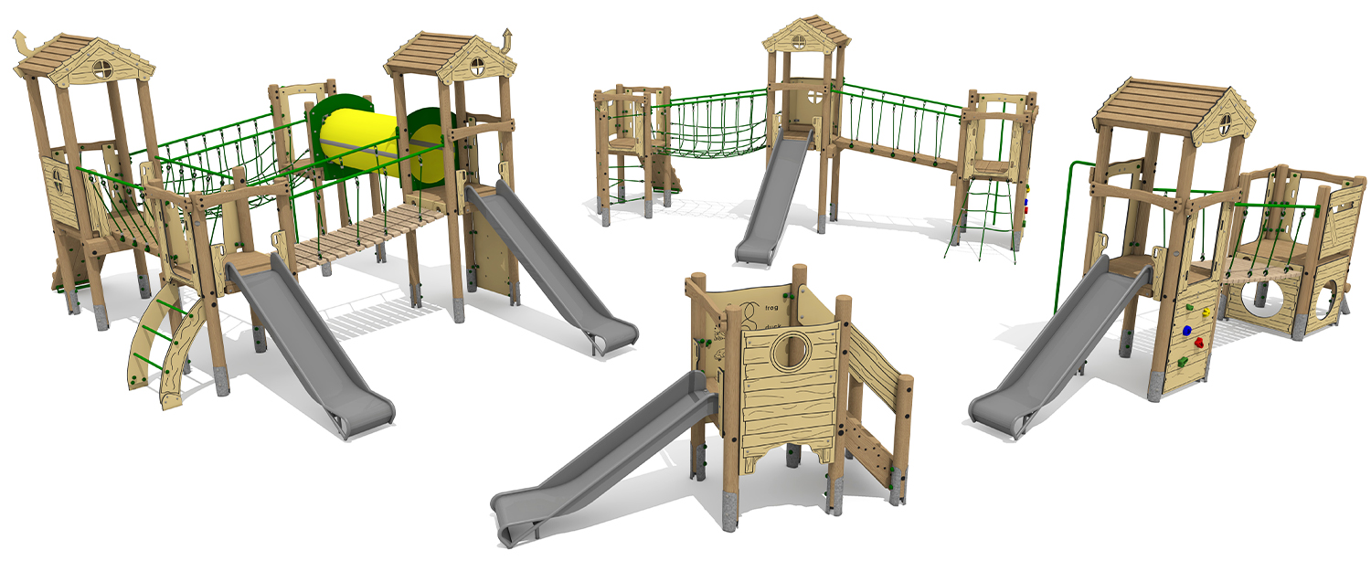 Timber Tower Climbers. Four individual multiplay climber with a white background. Each climber is made of timber and all have a steel slide