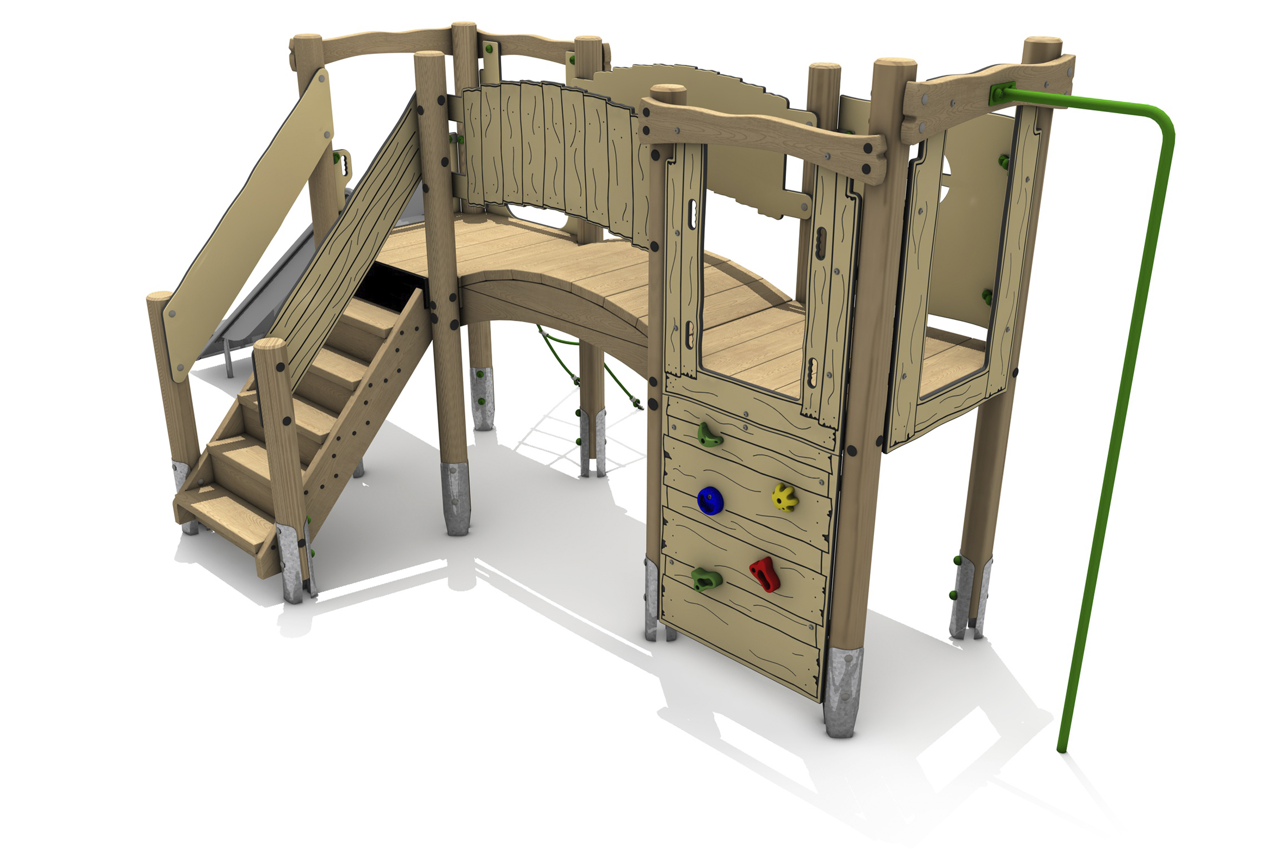 Timber Tower Double Deck 01, A timber tower climber two platform s are linked together with an arched bridge, a set of steps are on the left side, a vertical climb wall with multicoloured hand and foot holds in the middle with a green fire pole on the right side.