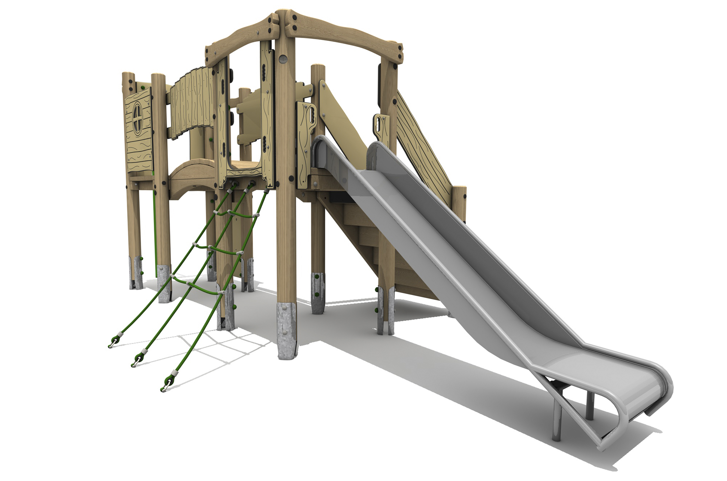 Timber Tower Double Deck 01, A timber tower climber with steel slide at the front, a green access net to the left and another platform and arched bridge in the background.