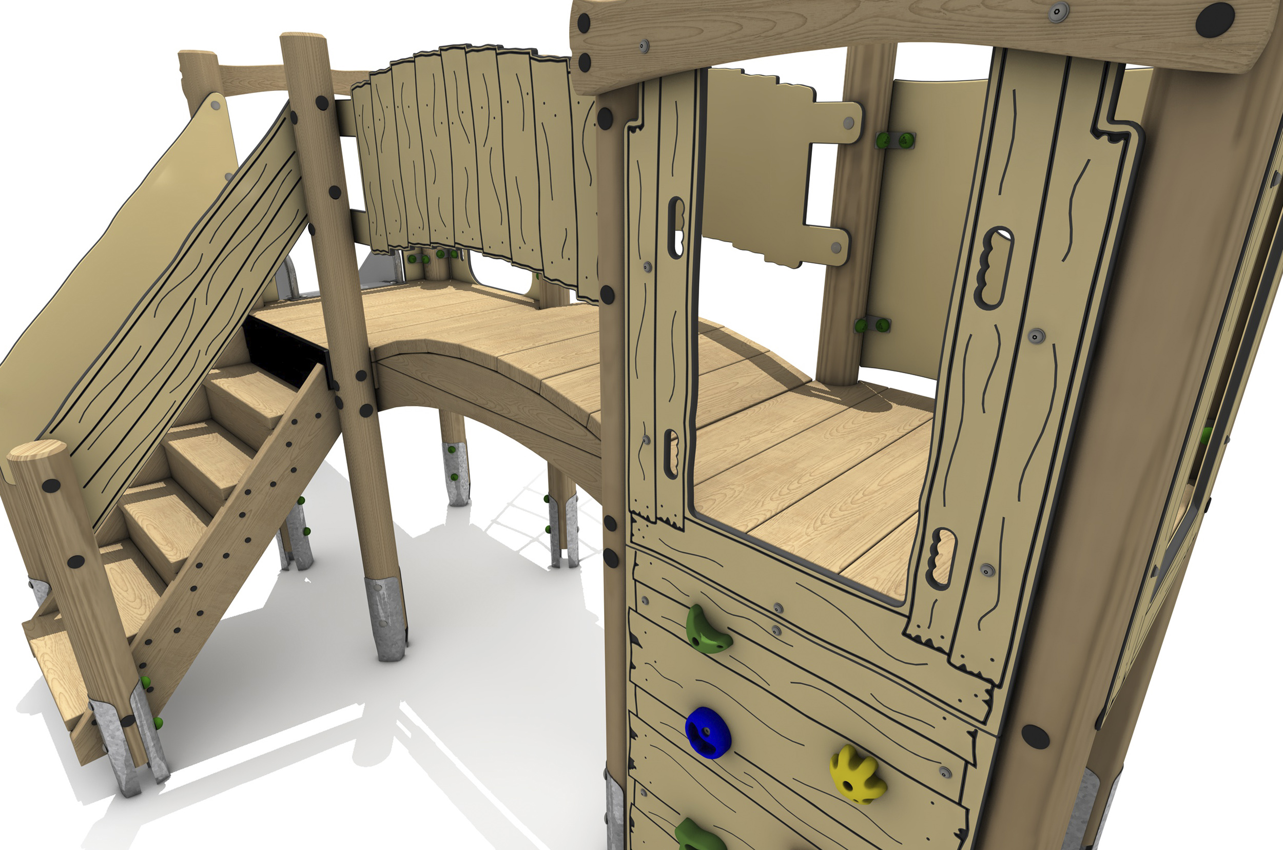 Timber Tower Double Deck 01, A timber tower climber platform is accessed by a vertical climb wall with multicoloured hand and foot holds, there is a step of steps on the left side, the second platform is linked by the link bridge in the middle.