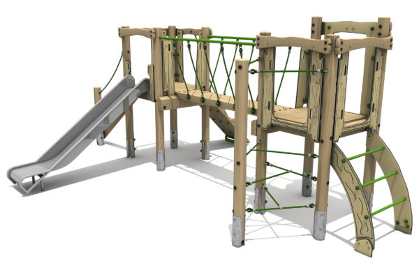 Timber Tower Double Deck 02, A timber tower climber with steel slide on the left, a central bridge links the two platforms, there is a Green T rope climber and a arched ladder with green rungs on the right.