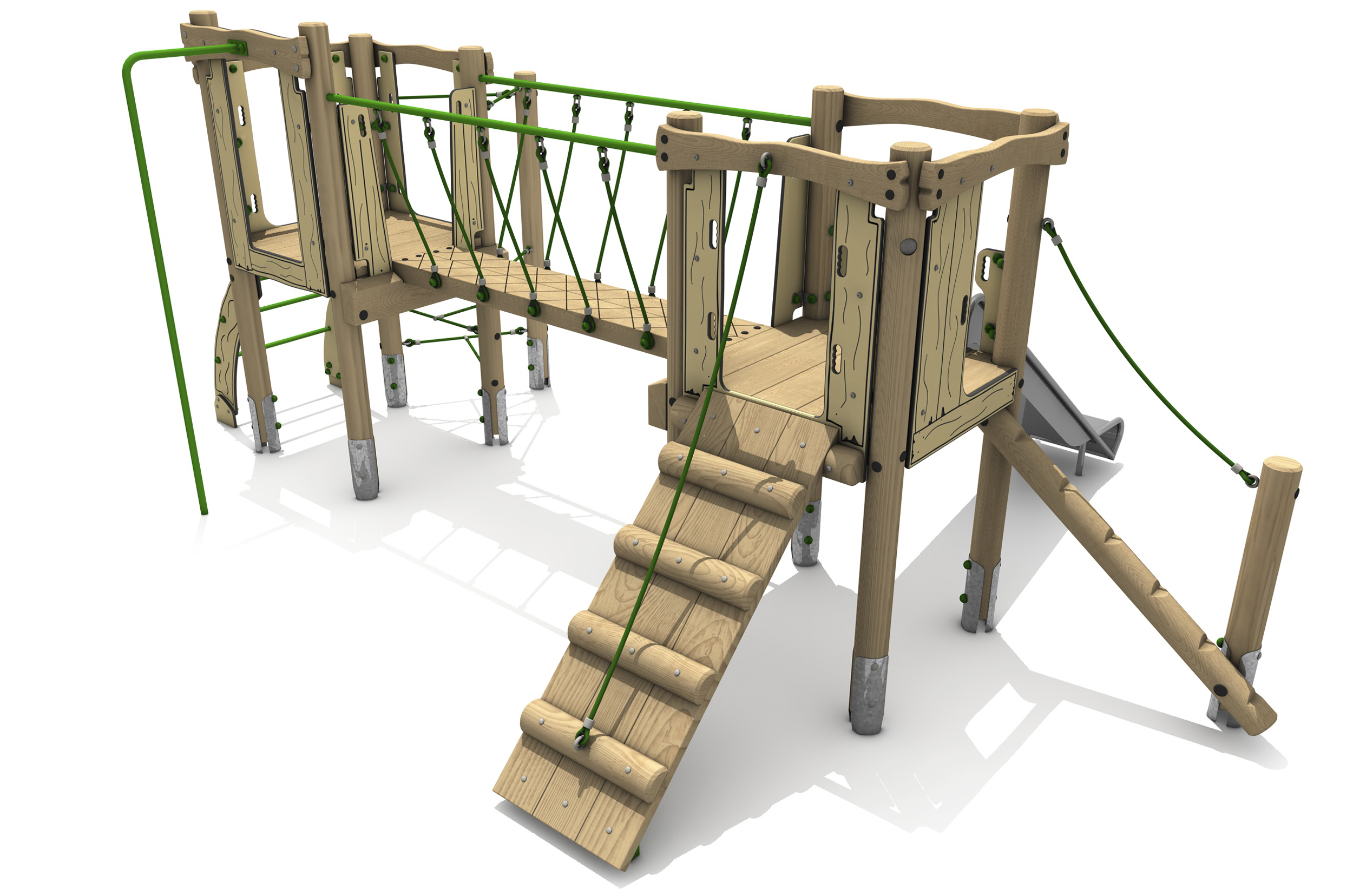 Timber Tower Double Deck 02, A timber tower climber, a central bridge links the two platforms, There is green fire pole on the left side, a sloping ramp with green pull up rope, on the right there is a sloping log clim with a green rope.