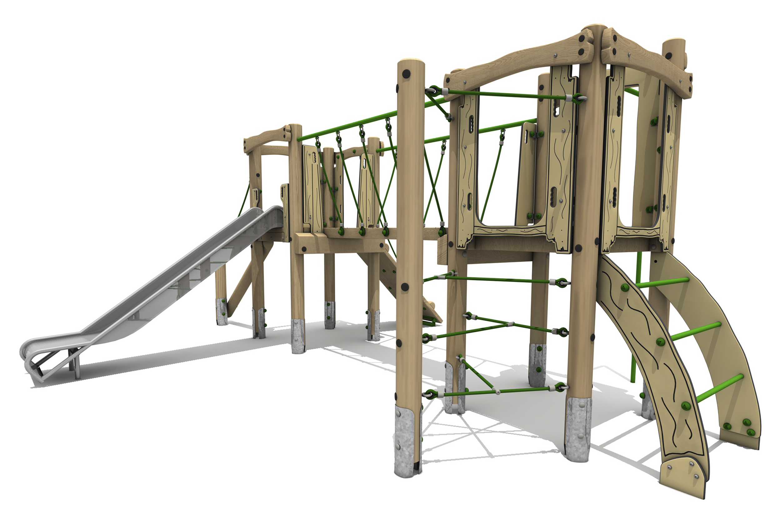 Timber Tower Double Deck 02, A timber tower climber with steel slide on the left, a central bridge links the two platforms, there is a Green T rope climber and a arched ladder with green rungs on the right.