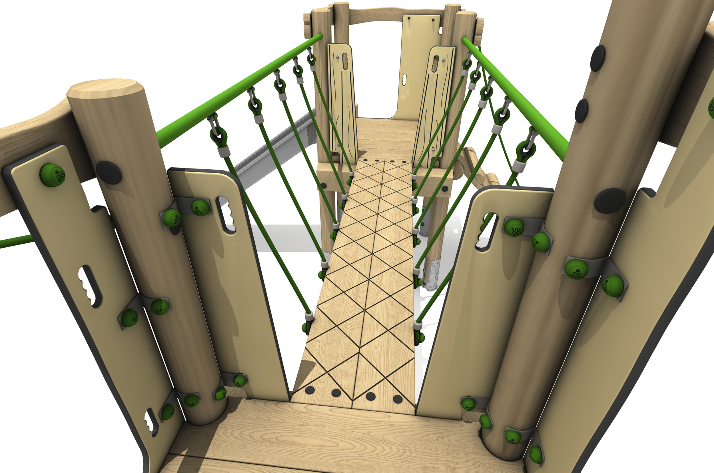 Timber Tower Double Deck 02, A timber tower climber platform where children access the steel slide. the platforms are linked by a central bridge with vertical green ropes and green steel hand rails.