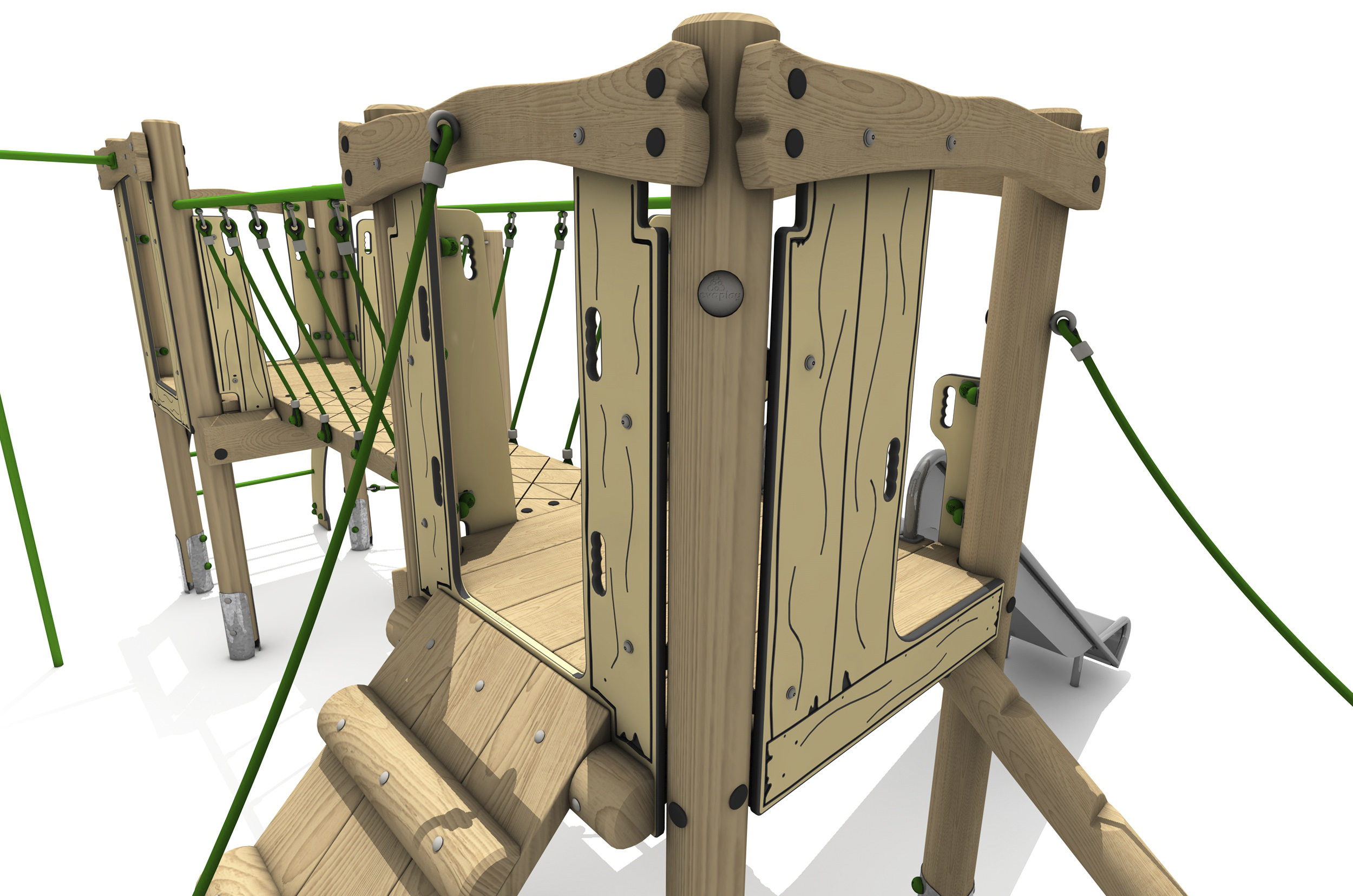 Timber Tower Double Deck 02, A timber tower climber platform accessed by a sloping ramps with green rope on the left and a sloping log with green rope on the right.