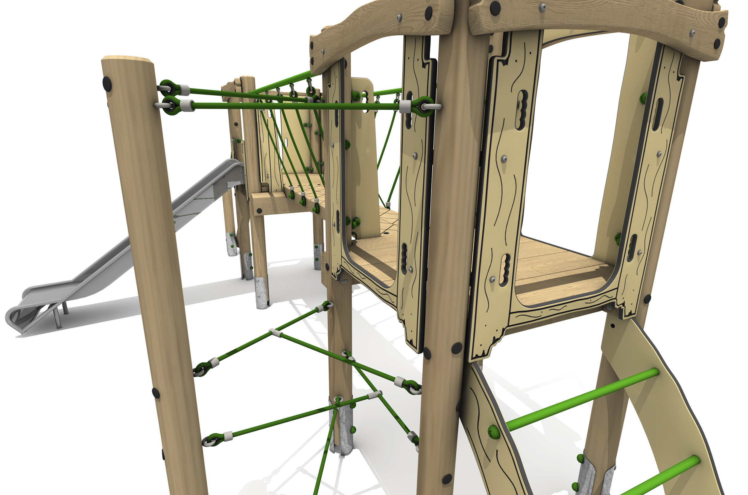 Timber Tower Double Deck 02, A timber tower climber platform accessed by a set of green T ropes on the left and an arched ladder with green rungs on the right.