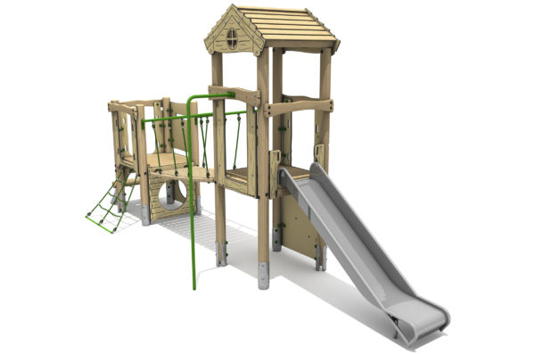 Timber Tower Double Deck 03, A timber tower climber with steel slide at the front, a green access net to the left, a green fire pole in the middle and a roof atop the platform.
