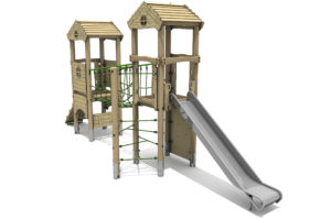 Timber Tower Double Deck 04, A timber tower climber with steel slide at the front, a green T-Rope net climber to the left, deck tower is in the background, bother platform towers have a roof atop them.