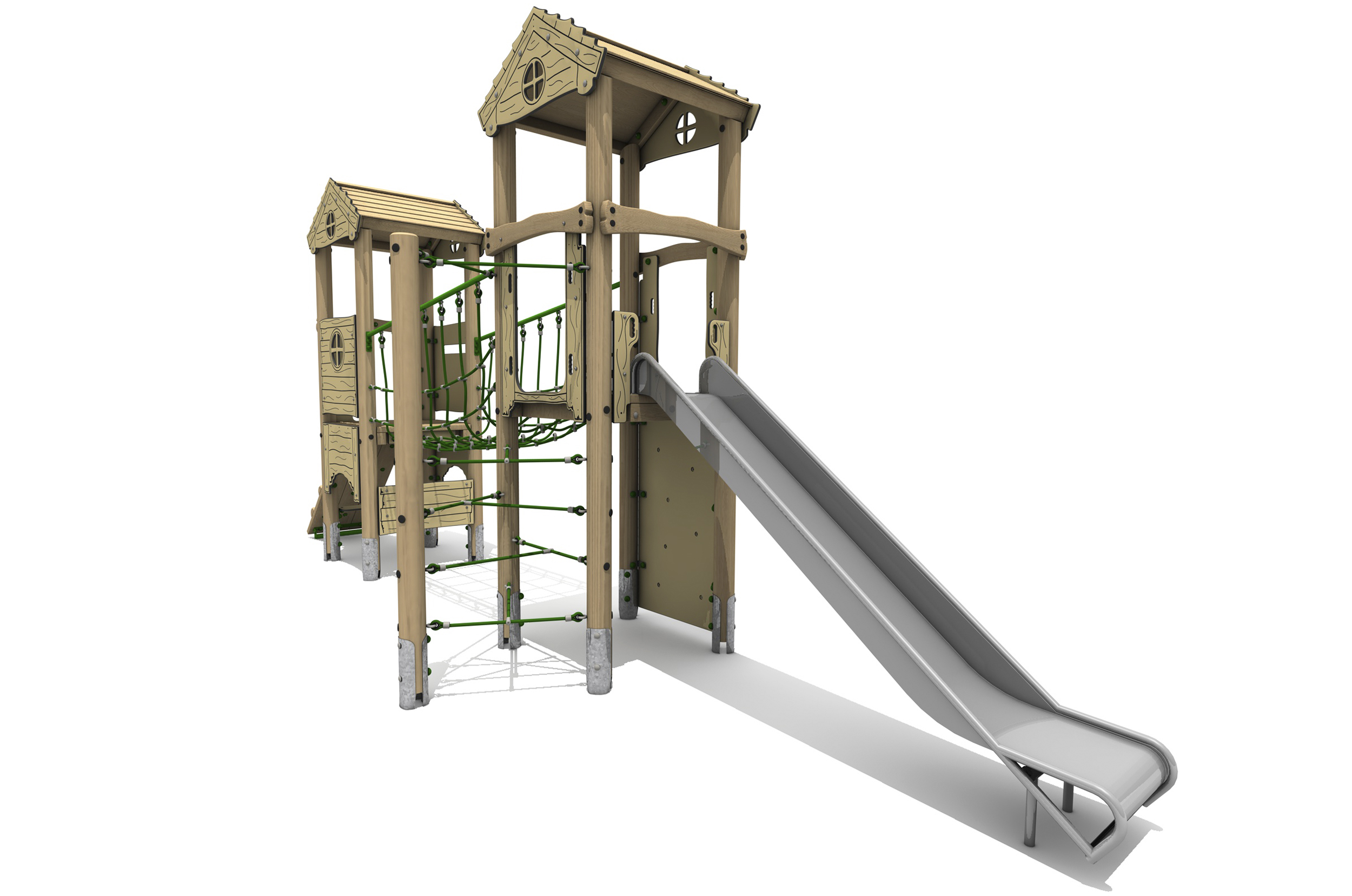 Timber Tower Double Deck 04, A timber tower climber with steel slide at the front, a green T-Rope net climber to the left, deck tower is in the background, bother platform towers have a roof atop them.
