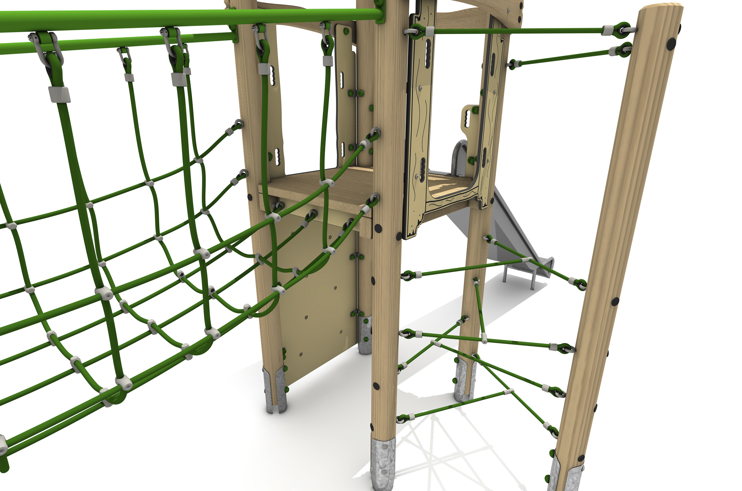 Timber Tower Double Deck 04, A timber tower with a green T-Rope climber on the right and a sloping green net bridge on the left. both lead to a platform where the slide is accessed.