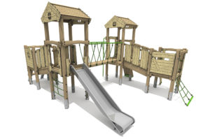 Timber Tower Four Deck 01, A timber tower climber with steel slide at the front. This platform has a roof and is accessed by vertical green rope climbing net. There is a sloping bridge on the left leading to a lower platform. There is a central horizontal sleeper bridge which links the two platforms both with roofs. a sloping bridge leads to a platform on the right which is access by a green rope net.