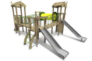 Timber Tower Four Deck 02, A timber tower climber with two steel slides. The platform on the left has a roof and linked to the front platform with a horizontal sleeper bridge. This platform is access by an arched ladder with green rungs. at the front the is a 1.2m high steel slide. this platform leads to a sloping suspension bridge linking to a higher platform with roof. This platform has a 1.5m high steel slide. In the background is yellow play tunnel.