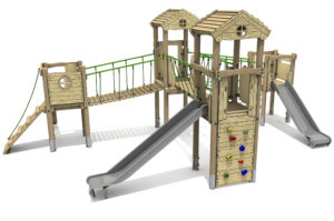 Timber Tower Four Deck 03, A timber tower climber with two steel slides. The platform on the left has an access ramp with green rope. A incline suspension bridge links to a higher platform with roof. The Platform leads over a horizontal sleeper bridge with green handrails to the front 1.5 meter high platform with roof, this has a steel slide and a Vertical climb wall with multicoloured hand and foot holds. To the right side is another platform with a 1.2 meter high steel slide.