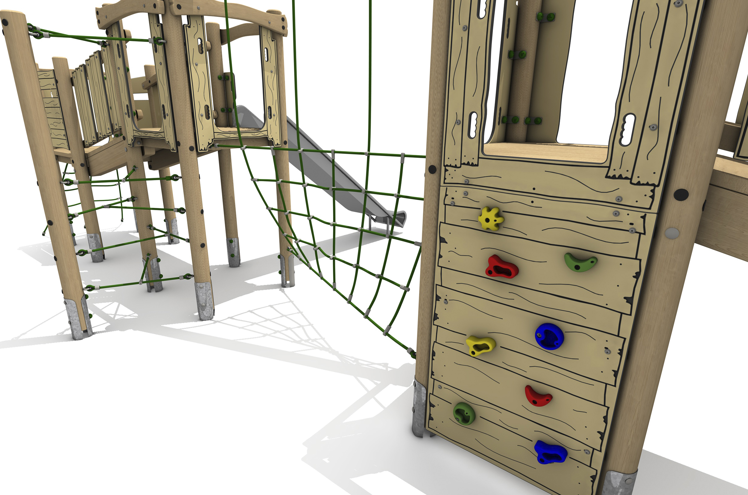 Timber Tower Four Deck 04, A timber tower climber with steel slide. On the left there is vertical climb wall with multicoloured hand and foot holds leading up to the platform. A central green rope twisted traverse net leads to the platform on the left, this is accessed by a green T-rope climber.