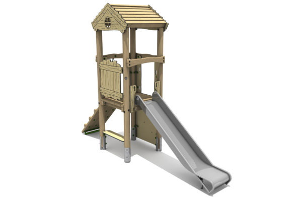 Timber Tower Single Deck 02, A timber tower climber with steel slide, bench seat below the platform and a roof