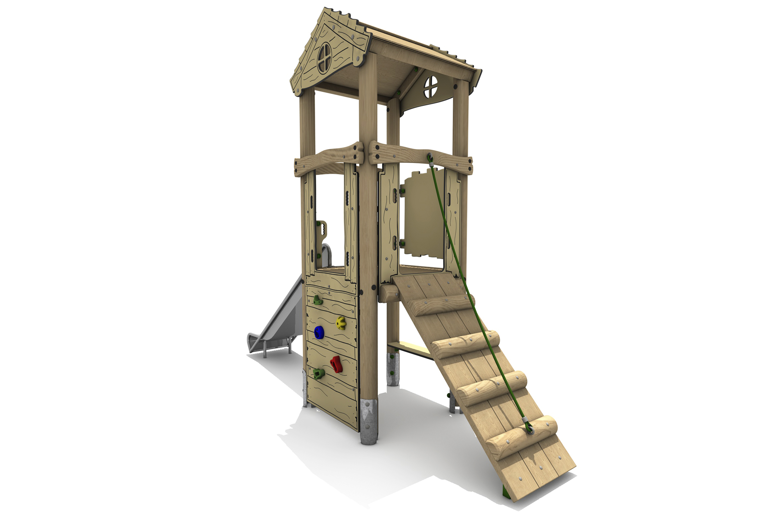 Timber Tower Single Deck 02, A timber tower climber with access ramp & green rope, vertical climb wall with coloured hand & foot holds complete with a roof.
