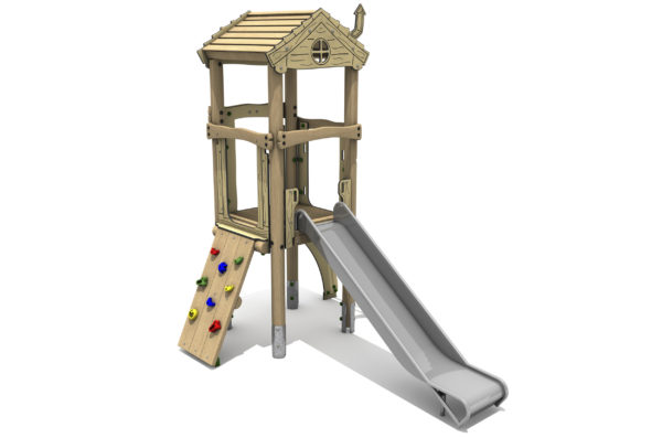 Timber Tower Single Deck 03, A timber tower climber with steel slide, sloping climb wall with multicoloured hand & foot holds and a roof with chimney