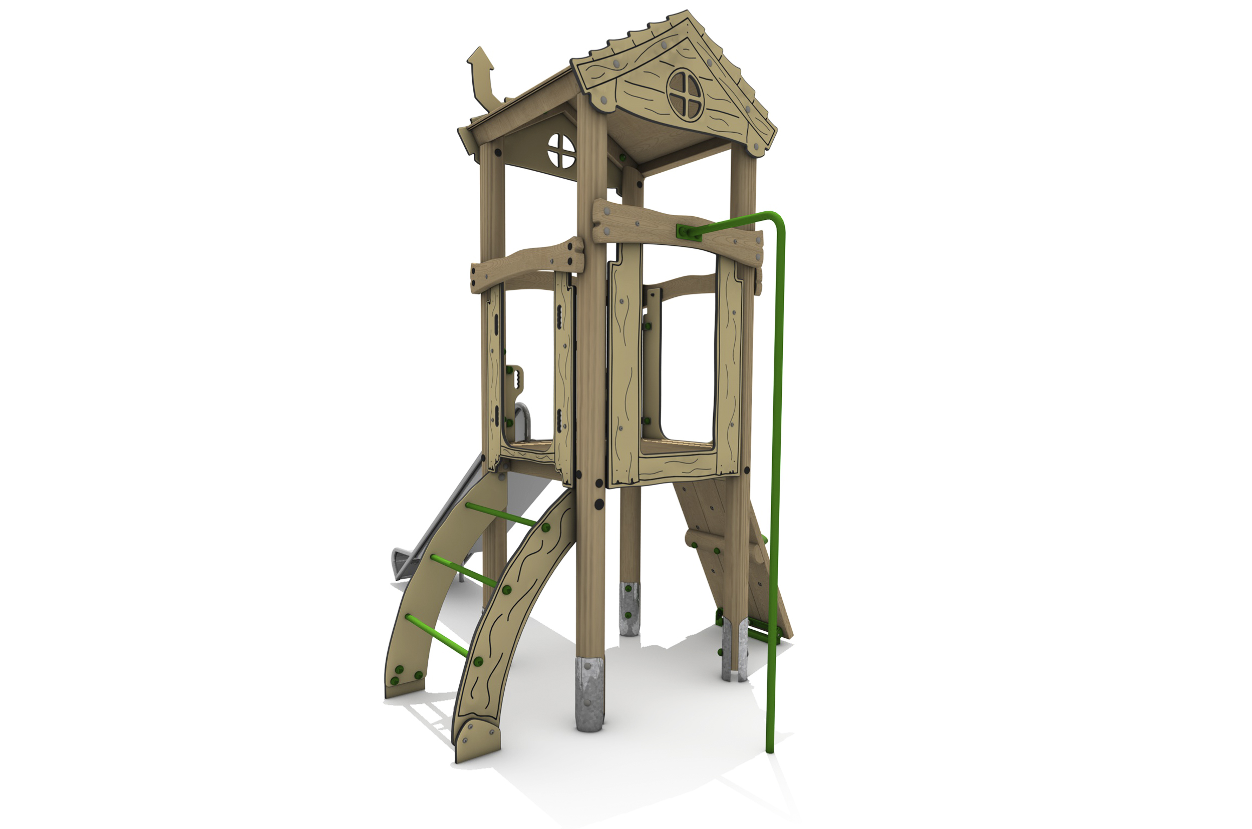 Timber Tower Single Deck 03, A timber tower climber with a arched green rung ladder on the left, a green fire pole on the middle complete with a roof with chimney