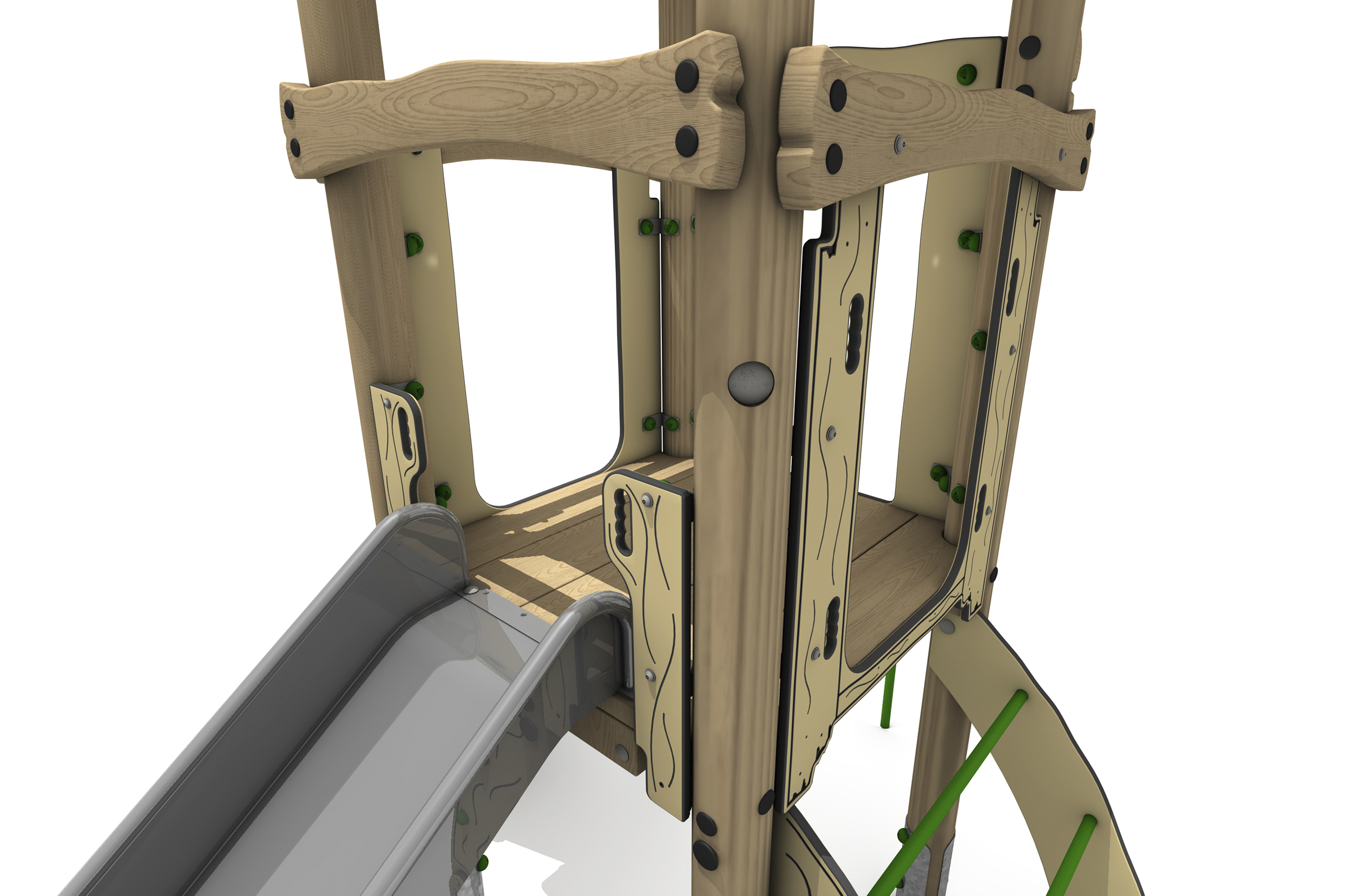 Timber Tower Single Deck 03, A timber tower climber platform where children access the steel slide. the platform is accessed from the arched green rung ladder on the right side.