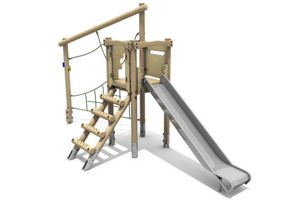 Timber Tower Single Deck 04, A timber tower climber with steel slide, sloping log ladder and a climbing net at the back