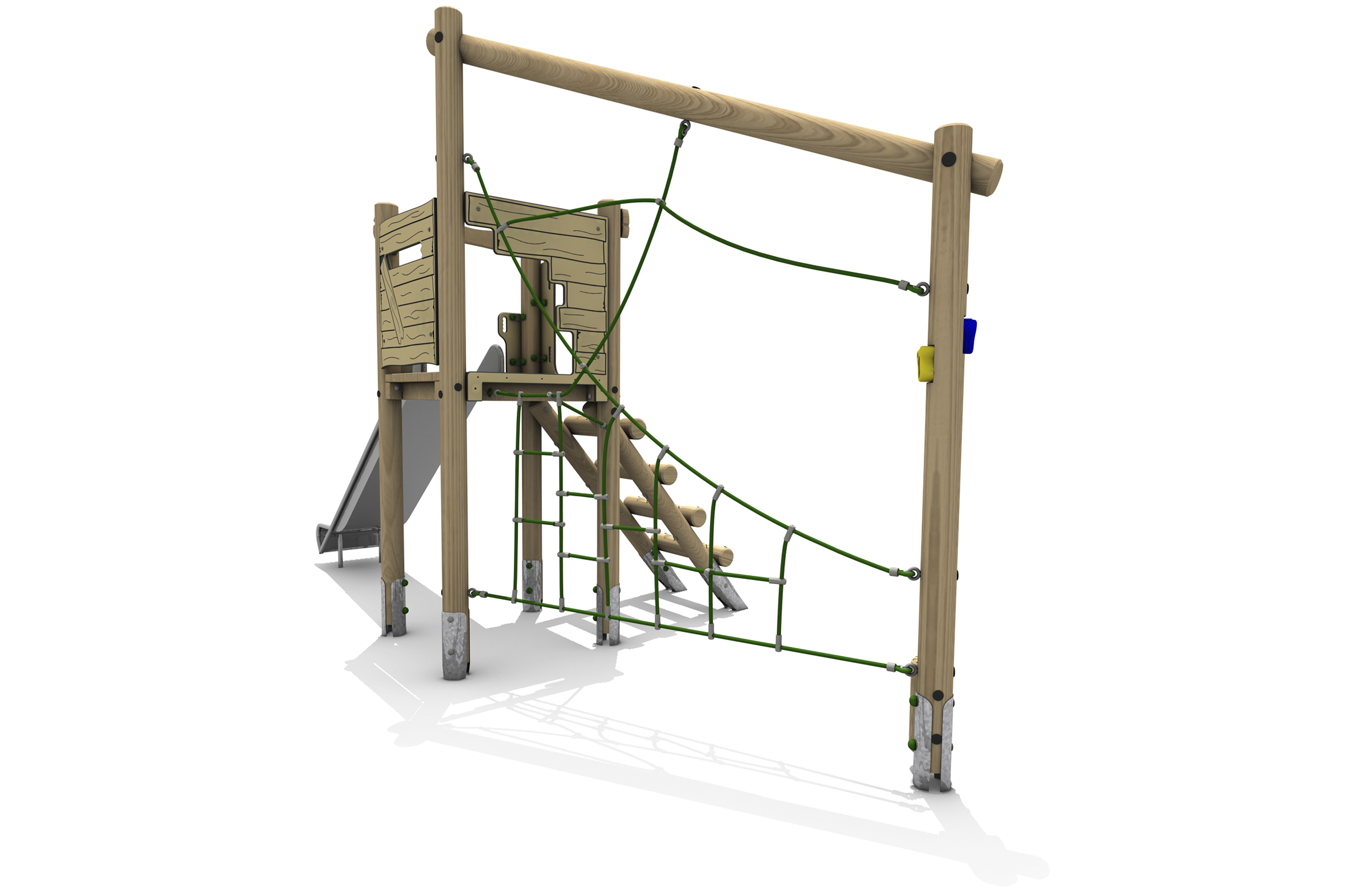 Timber Tower Single Deck 04, A timber tower climber with a large green traverse net leading to a central platform to access the slide