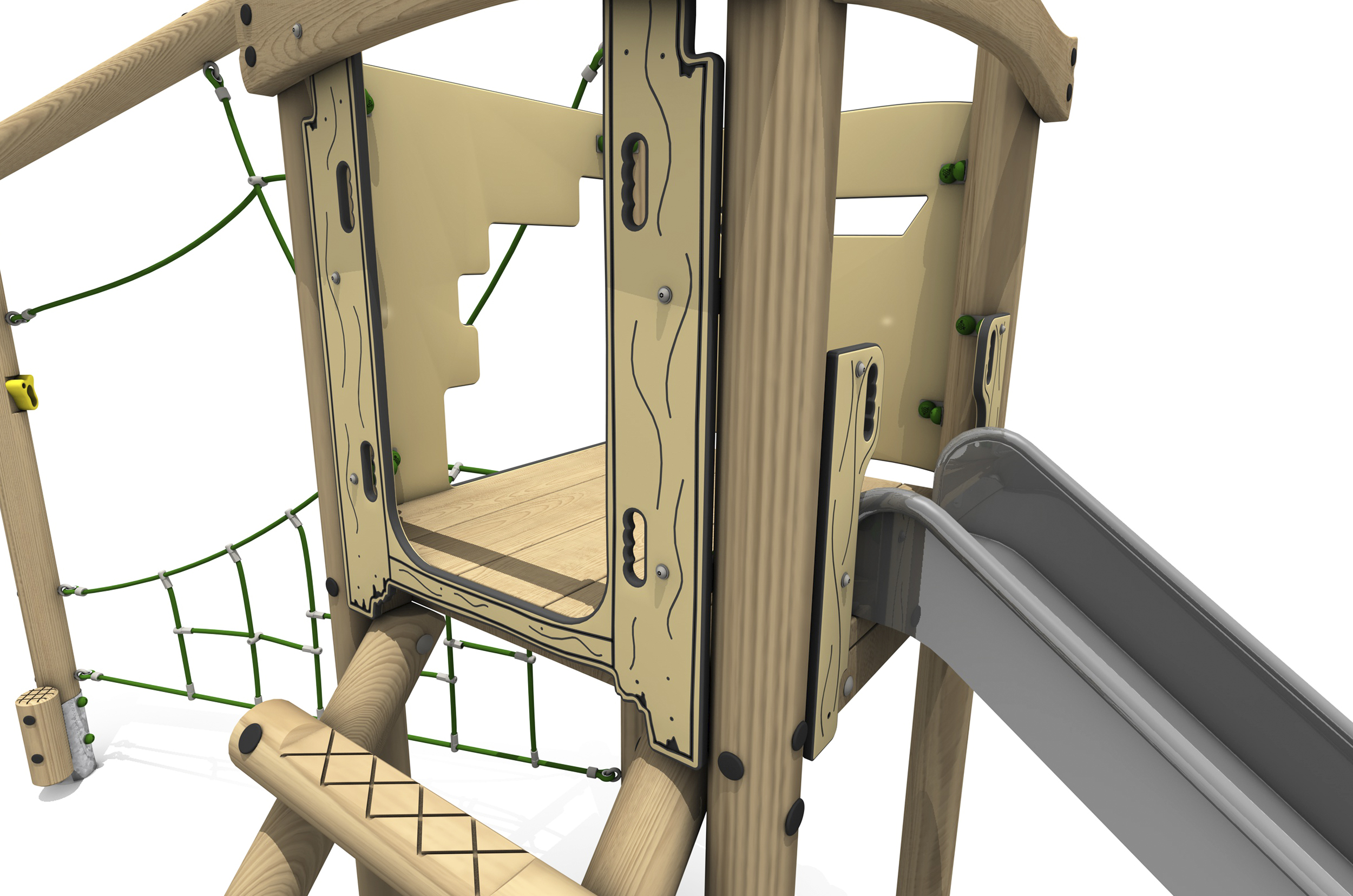 Timber Tower Single Deck 04, A timber tower climber platform where children access the steel slide. the platform is accessed the log ladder on the left side