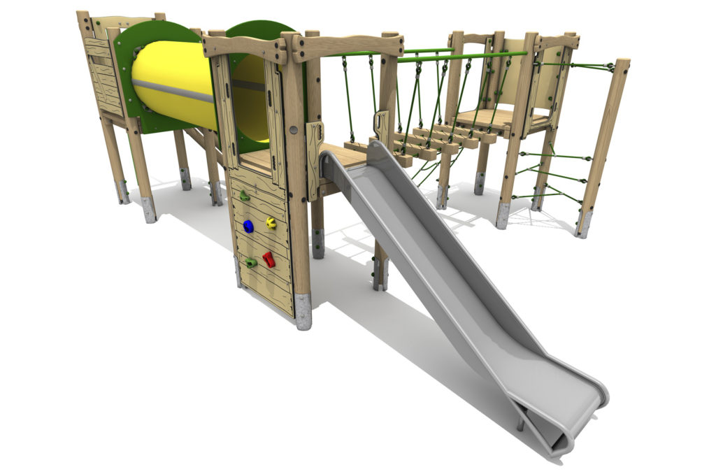 Timber Tower Triple Deck 01, A timber tower climber with steel slide at the front, A vertical climb wall with Multicoloured hand and foot holds leads up to the slide platform. a yellow tunnel on the left links to another platform. A wobble bridge on the right leads to another platform which is accessed by a green T-rope climber.