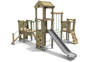 Timber Tower Triple Deck 02, A timber tower climber with steel slide at the front, A vertical climb wall with Multicoloured hand and foot holds leads up to the slide platform. a sloping suspension bridge on the left links to another platform, with a log ladder & a green rope, A green rope twisted traverse net leads to platform on the right with a sloping climb wall with Multicoloured hand and foot holds.