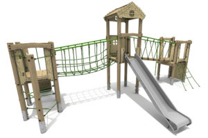 Timber Tower Triple Deck 03, A timber tower climber with steel slide at the front, A platform on the left is accessed by the green T-rope climber. This platform is linked the central slide platform by a sloping green rope bridge. In the centre there is a platform with a roof and a steel slide at the front. A sloping bridge leads to another platform on the right. this platform is accessed by a green net.