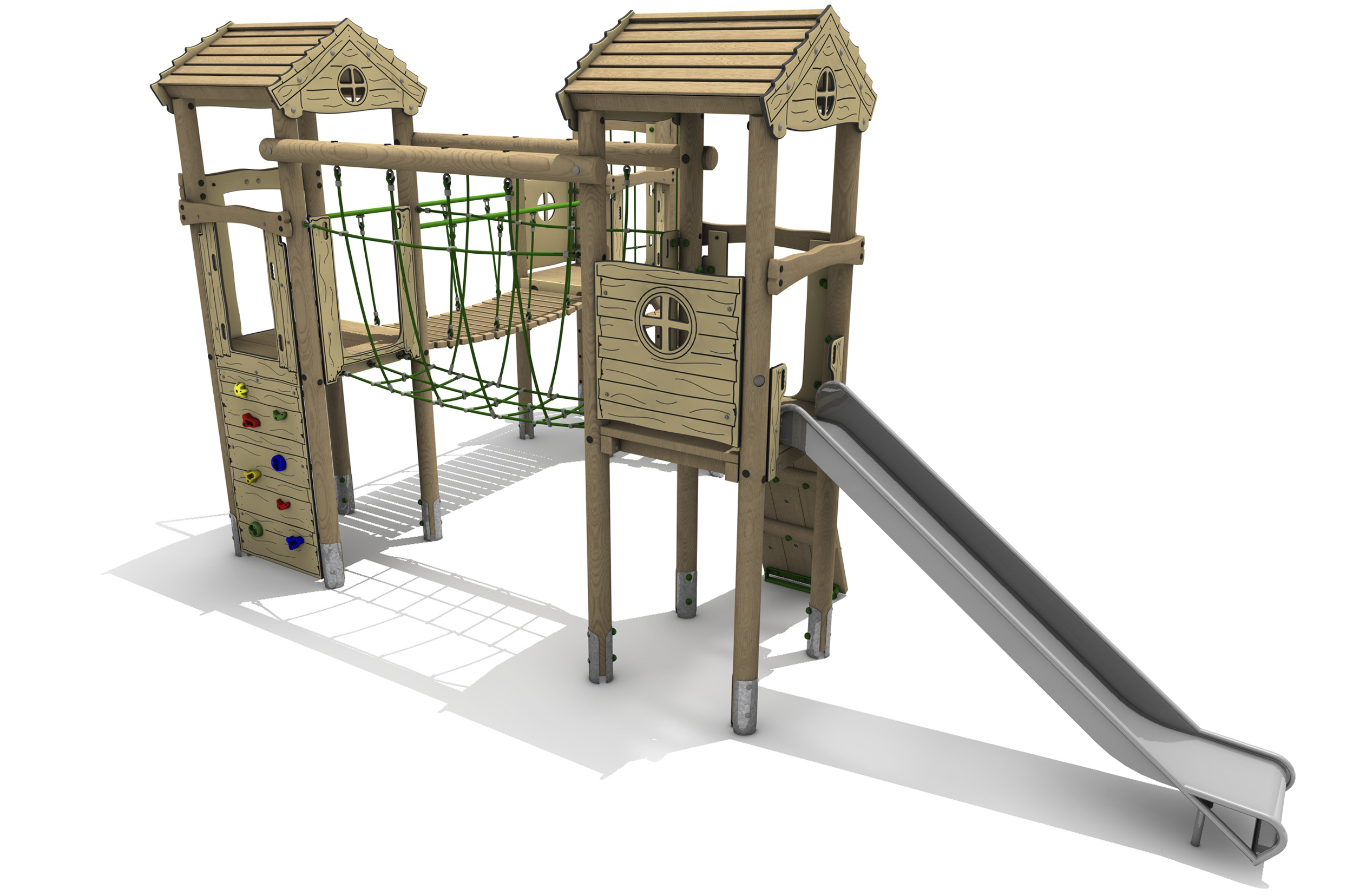 Timber Tower Triple Deck 04, A timber tower climber with steel slide. There is a platform on the left with a roof and a vertical climb wall with multicoloured hand and foot holds. There is a green net bridge linking to the platform on the right. This platform has a roof and a steel slide.