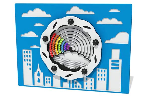 The Rainbow Play Panel, a blue planet engraved with a White City scape and cloudy skyline. The central white disc contains multicoloured beams the move like a rainbow when rotated.