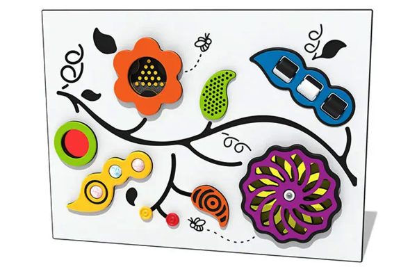 The Sensory Play Panel In a White and Black Panel, it features a orange flower, green touch leaf, Blue seed pod with black and white rollers, purple and yellow rotating flower, orange touch leaf, yellow and red slider counters, yellow pod with Marble rollers and round red window.