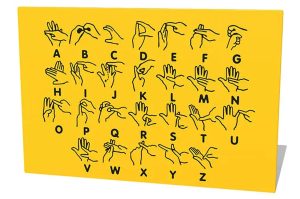 The Sign Language Play Panel, Is a yellow Panel engraved with UK Sign Language standing out in black