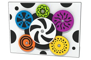 The Whirling Wheels Play Panels in Black and white with six multicoloured disc which rotate